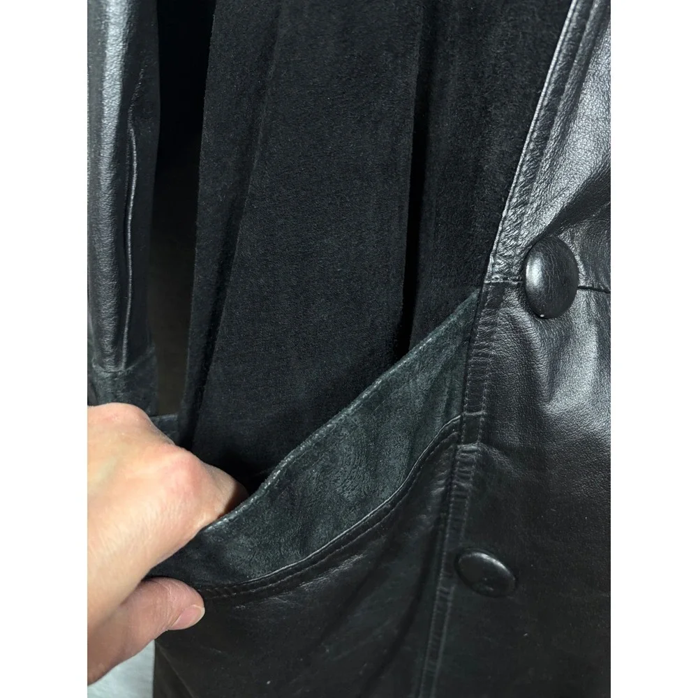 Vtg G-III Black Leather Coat‎ Womens M Suede Paisley Trench Duster Jacket